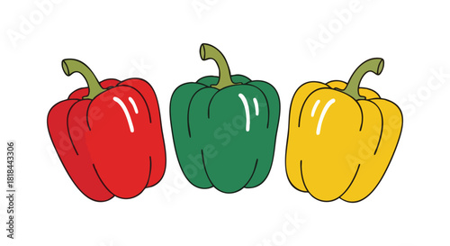 Three colorful bell peppers displayed on a bright white background offer a vibrant illustration of fresh produce that is both healthy and