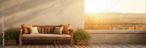 Cozy balcony with wooden bench cushions and boxed plants, used as outdoor relaxation space