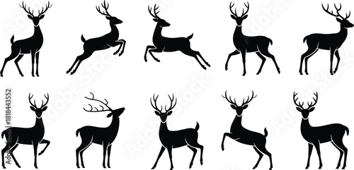 Deer silhouette vector set with antlers in walking, standing, and leaping poses for wildlife-themed design and stock use