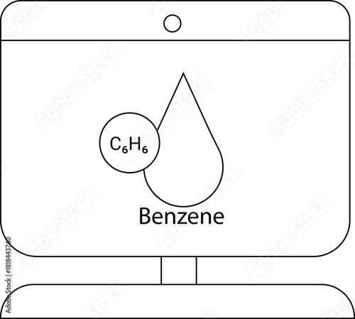 A monitor screen displaying a drop shape with the chemical formula C₆H₆ and the word Benzene