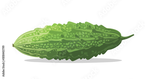 Illustrative Depiction of a Bitter Melon Exhibiting its Bumpy Texture and Vibrant Green Color on Plain Background