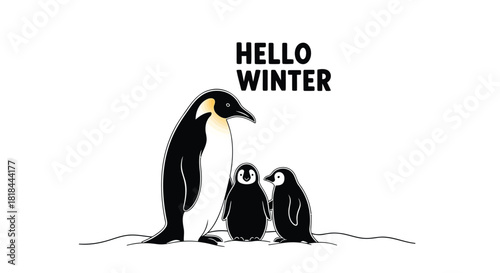 Cute emperor penguin family greeting hello winter with snow and white background
