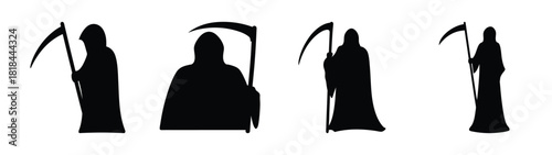Four grim reaper silhouettes each holding a scythe symbolizing death and the afterlife