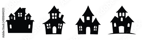 Four spooky haunted house silhouettes for halloween decorations and designs