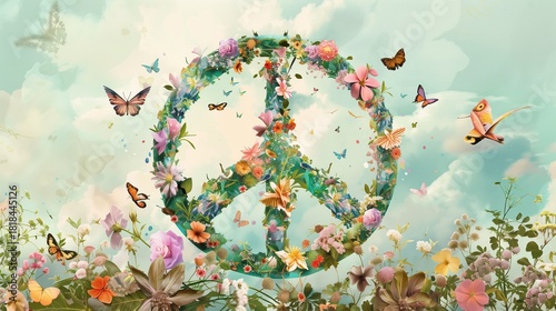 Universal Hour of Peace: Beautiful illustration of giant peace symbol made of blooming flowers and green leaves, butterflies and birds flying around, soft pastel colors
