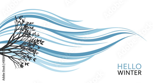 Stylized silhouette of a bare tree branch against flowing blue winter wind waves