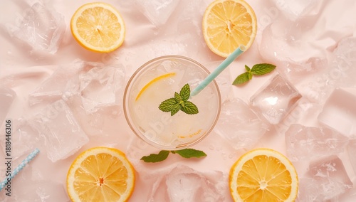 A summer beverage background with ice cubes, straws, and lemon slices for layout design