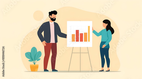 Man and woman presenting business data on a bar chart during a meeting