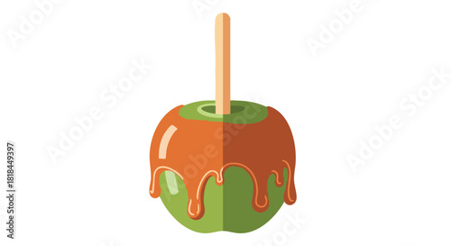Delightful vector illustration of a caramel apple with a stick, capturing the essence of a tasty autumn treat with vibrant colors and clean design