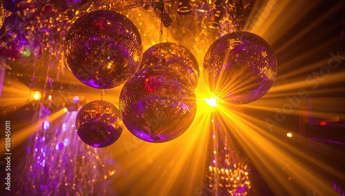 Reflective disco balls shimmering under colorful illumination, vibrant party atmosphere