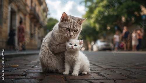 Fototapeta Naklejka Na Ścianę i Meble -  Mother Cat and Kitten in Urban Setting, Observing Teamwork