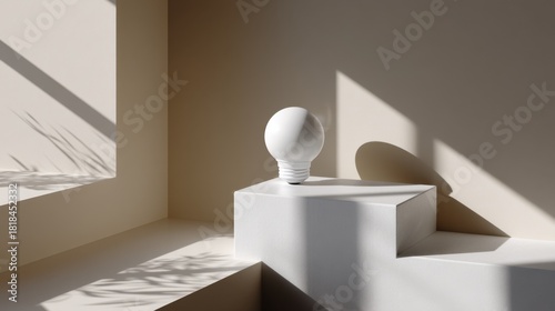 Minimalist bulb on a white table casting a long soft shadow, clean modern style