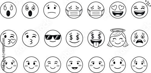 Collection of hand drawn emoji faces black and white