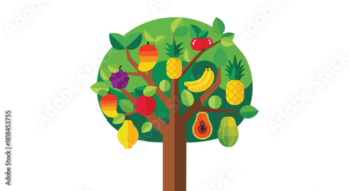 Whimsical fruit tree illustration depicting colorful harvest showcasing diverse fruits and vibrant foliage in a stylized design, symbolizing bounty