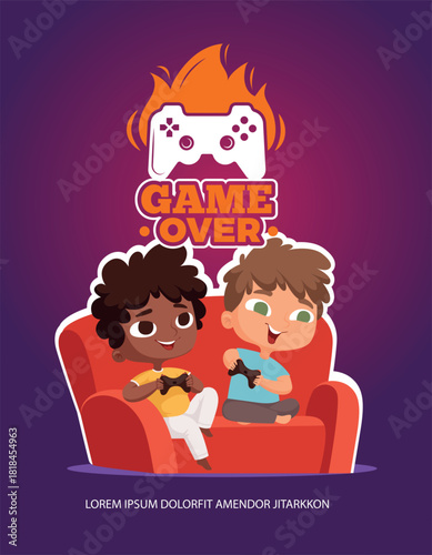 Gamers. kids holding gamepads and playing in video games. vector poster for gamers