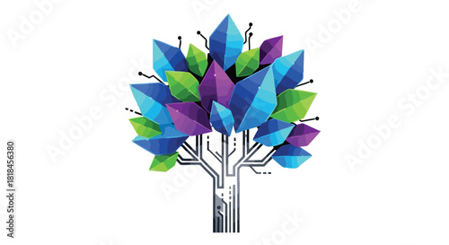 Digital Convergence: Abstract circuit board tree symbolizes technological growth and interconnectedness with multifaceted vibrant colored leaves