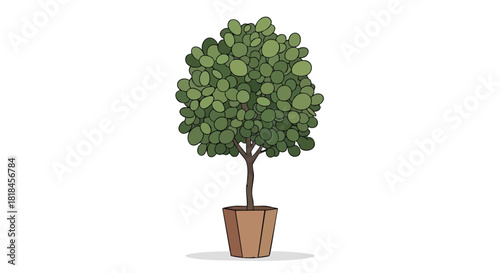 Stylized topiary illustration showcasing a meticulously trimmed shrub in a decorative pot, presented against a clean white backdrop and emphasizing