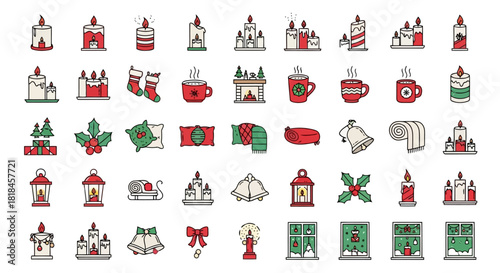 Comprehensive collection of winter holiday decorations and cozy elements, showcasing candles, stockings, fireplaces, warm beverages, and seasonal foliage assortment