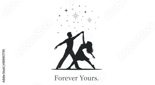 Elegant silhouette of a couple dancing under a starry sky with the text forever yours