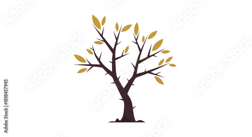 Stylized silhouette of a tree featuring golden leaves against a plain white backdrop creating a minimalist visual concept