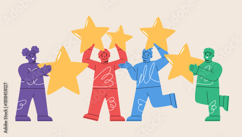 Boy and girl hold stars. Colorful vector illustration