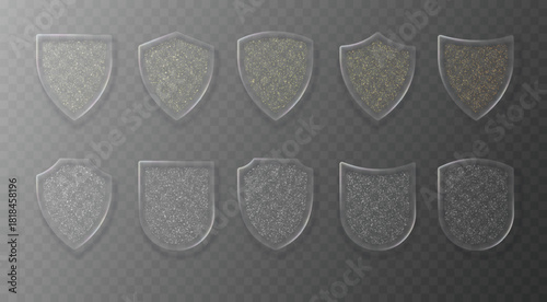 Collection of shields in a modern liquid glass style with gold and silver glitter. 3D vector illustration.