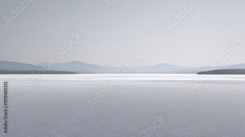 Calm lake reflecting bright sky and distant mountains creating a serene minimalist landscape