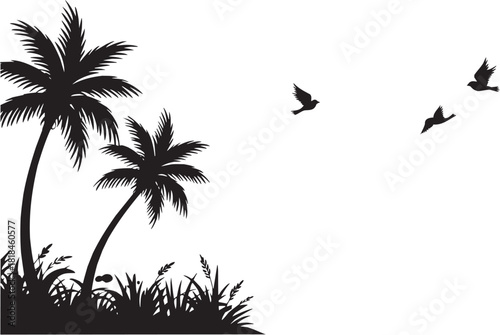 Skiing Icon in Line Style. A linear illustration of a person skiing downhill with pine trees in the background