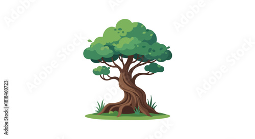 Stylized deciduous tree with vibrant green foliage and a gnarled trunk isolated on a white background, perfect for nature themed illustrations or