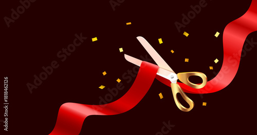 Grand opening with golden scissors cutting a red ribbon.