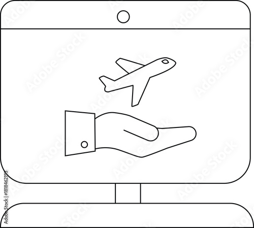Monitor displays hand holding airplane icon