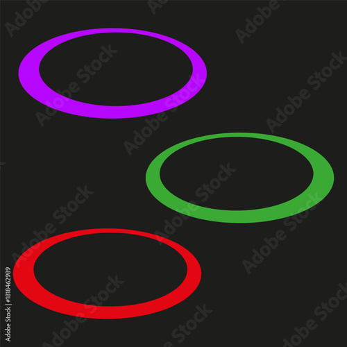 Three neon ellipses. Colorful vivid rings. Dark background Vector. Geometric oval shapes.