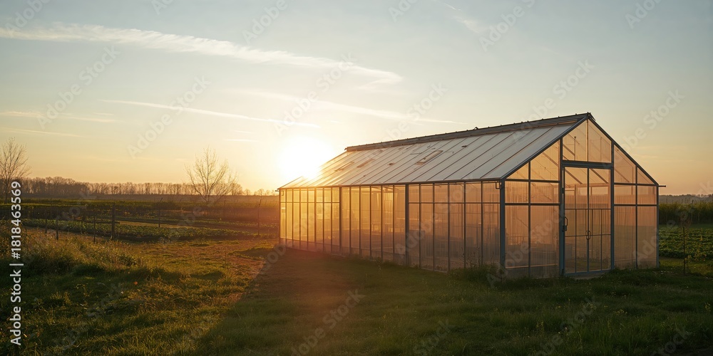 Obraz premium Greenhouse structure at sunset in a garden, serving as a background for plant cultivation