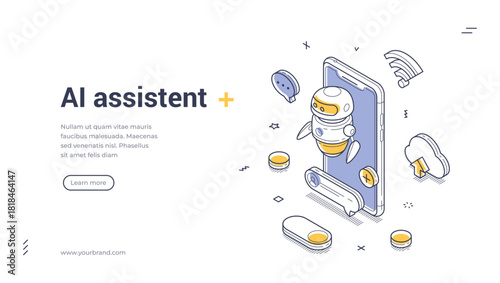 AI assistant and artificial intelligence technology banner with friendly robot and smartphone. Modern chatbot and automation template for website landing page. Isometric web banner vector template.