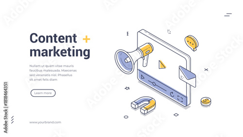 Content marketing and digital advertising strategy concept with smartphone analytics graphs likes and speaker. Modern isometric web banner vector template for social media