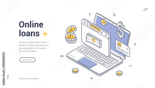 Online loans concept for digital finance and quick credit approval with laptop, coins, cash, and clock. Modern isometric web banner vector template for fintech website and loan application