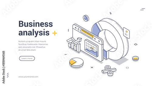 Business analysis concept for data analytics, intelligence, and strategic planning with monitor, charts, and graphs. Modern isometric web banner vector template for website and application