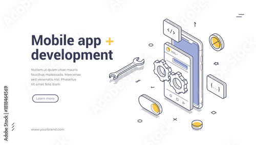 Mobile app development concept for software programming, technology innovation, and digital design with smartphone and tools. Modern isometric web banner vector template for website and application