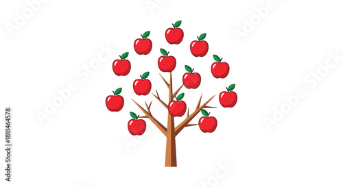 Stylized apple tree illustration with vibrant red fruit, representing orchard growth and healthy agriculture symbol with simple design and