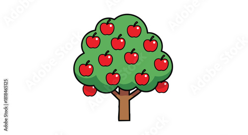 Cartoon apple tree with vibrant red fruits against a pristine white backdrop symbolizing nature's bounty and simplicity portrayed in a playful drawing
