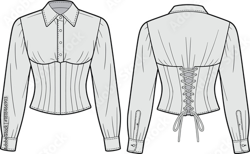 Women’s blouse technical fashion illustration, corset style shirt design, front and back view, CAD drawing flat vector illustration