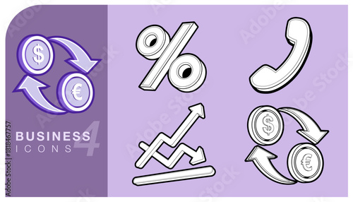 Set 3D line art business and finance icon, representing currency exchange (Dollar, Euro), interest rates (Percent), communication (Phone) and market volatility, stock trends. For digital projects.