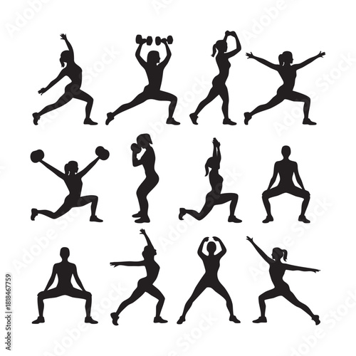 Black silhouette female figures performing various exercises and stretches woman fitness