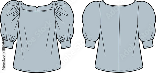 Square neckline blouse fashion flat sketch, puff sleeve design, vector CAD drawing, front back view illustration