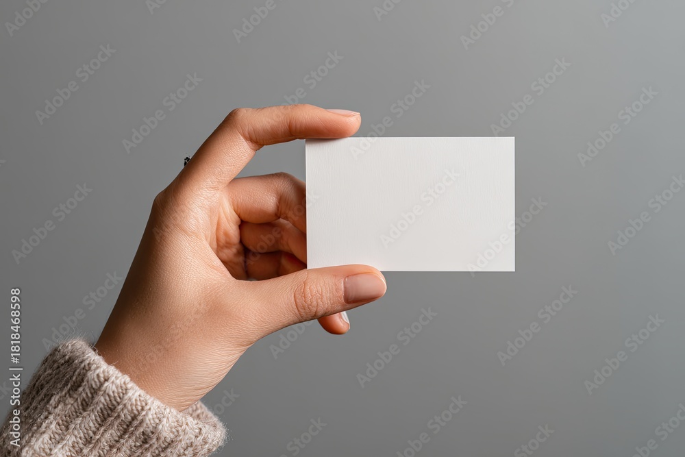 Fototapeta premium A hand in a sweater holds a blank white rectangular card against a gray background