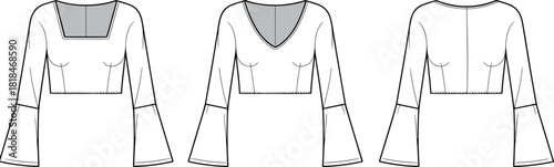 Women cropped top flat sketch, fashion cad drawing, vector illustration, technical apparel design, flared sleeve templateWomen cropped top flat sketch, 