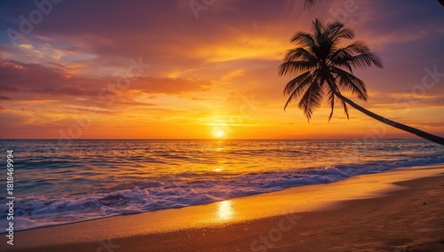 Sunset over a sandy beach with calm waves, ideal for sunset photography and seaside relaxation