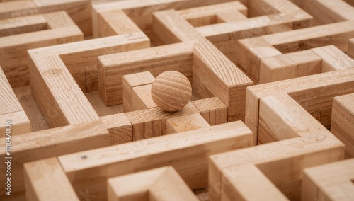 Wooden ball and labyrinth game constructed from blocks, challenge of navigating through complex pathways