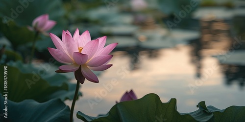 Pink water lotus flower surrounded by green leaves on tranquil pond, emphasizing aquatic plant health and growth, World Water Day