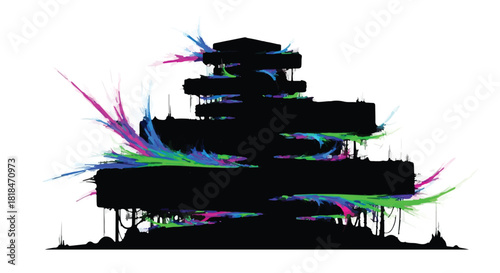 Futuristic abstract building silhouette with vibrant colorful energy bursts on white background